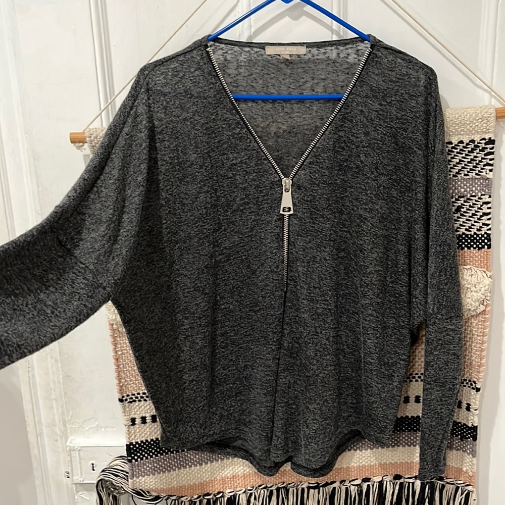 Women’s Joan Vass Lightweight Zipper Sweater Charcoal Grey Top Size medium